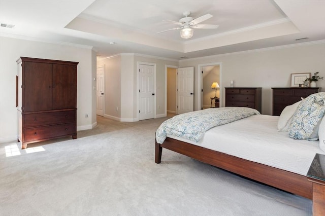 20 October Dr, Franklin, MA 02038 - bedroom featuring a raised ceiling, light carpet, crown molding, and a ceiling fan