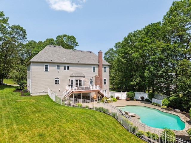 20 October Dr, Franklin, MA 02038 - rear view of property with stairs, a wooden deck, a fenced backyard, and a chimney