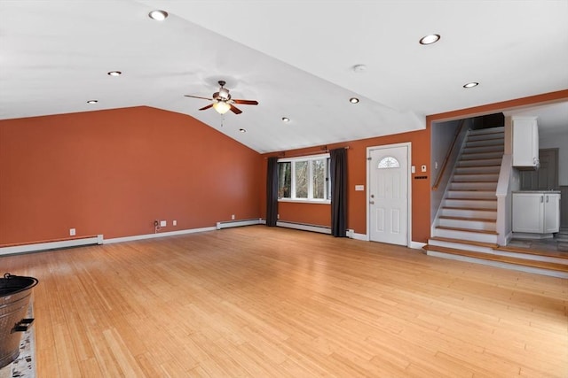 unfurnished living room featuring stairway, a ceiling fan, vaulted ceiling, light wood-type flooring, and baseboard heating