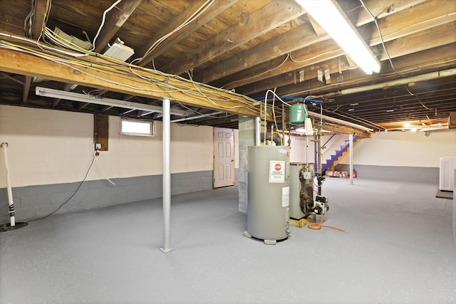 below grade area with stairway and electric water heater