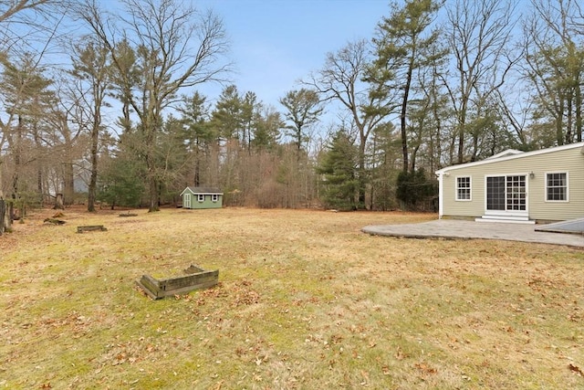 view of yard featuring a storage shed, an outdoor structure, entry steps, and a patio area