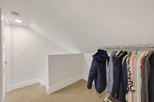 walk in closet featuring lofted ceiling and carpet