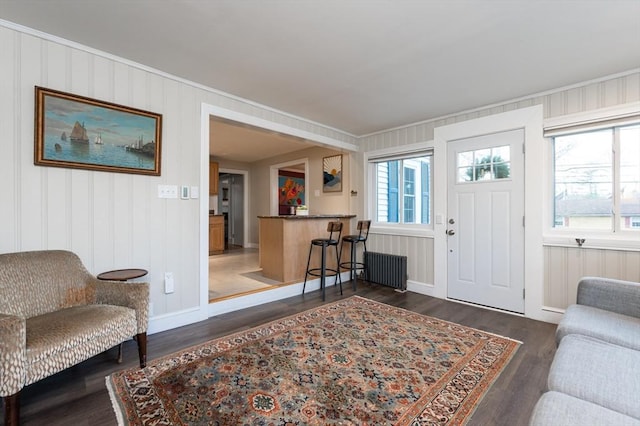 living room featuring radiator heating unit, dark wood-type flooring, and indoor bar