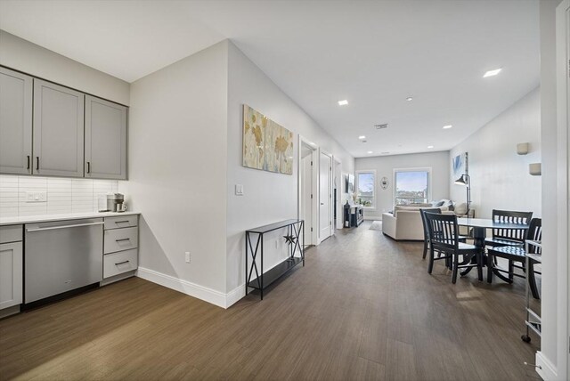 11 Walley St Unit 202, Boston, MA 02128 - kitchen featuring dishwasher, gray cabinets, dark wood-type flooring, baseboards, and light countertops