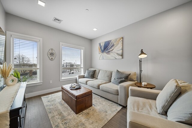 living room with dark hardwood / wood-style flooring