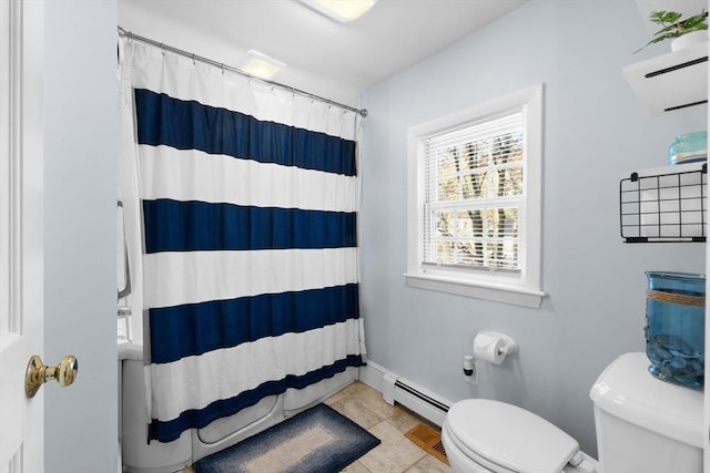 bathroom with tile patterned flooring, a baseboard radiator, curtained shower, and toilet