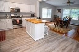 185 Baldwinville Rd, Winchendon, MA 01475 - kitchen with stainless steel appliances, wood finished floors, white cabinets, ceiling fan, and lofted ceiling