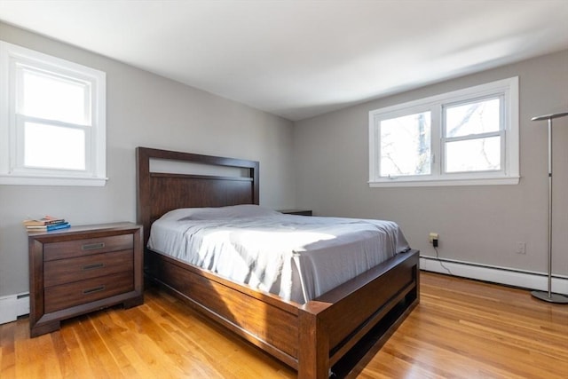 bedroom featuring light wood-style flooring and baseboard heating