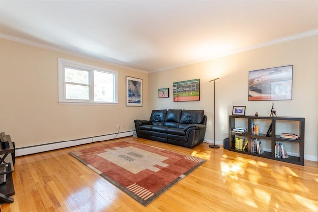 living area with a baseboard radiator, wood finished floors, and ornamental molding