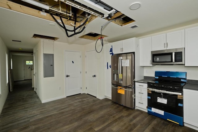 205 Clemente St, Holyoke, MA 01040 - kitchen with stainless steel appliances, electric panel, dark countertops, dark wood finished floors, and white cabinets