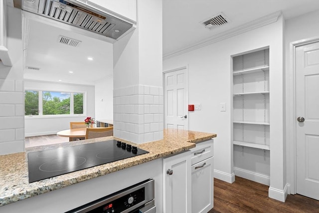 35 Des Moines Rd Unit 310, Quincy, MA 02169 - kitchen with black electric cooktop, oven, dark wood-style flooring, white cabinetry, and crown molding