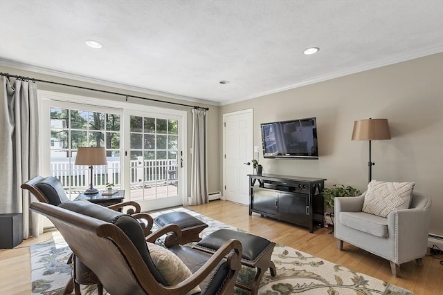 9 Bateson Dr, Andover, MA 01810 - living room featuring ornamental molding, light wood-type flooring, recessed lighting, and a baseboard heating unit