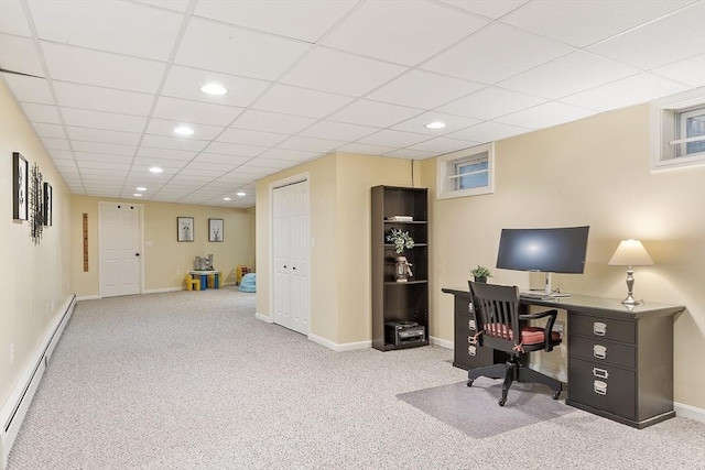 9 Bateson Dr, Andover, MA 01810 - home office with a baseboard radiator, carpet floors, recessed lighting, baseboards, and a paneled ceiling