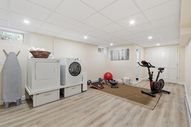 9 Bateson Dr, Andover, MA 01810 - workout area with washing machine and clothes dryer, light wood finished floors, a baseboard radiator, a drop ceiling, and recessed lighting