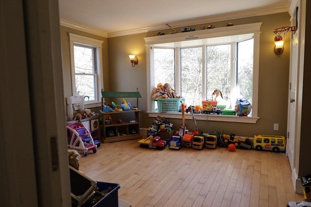 rec room with ornamental molding and hardwood / wood-style floors