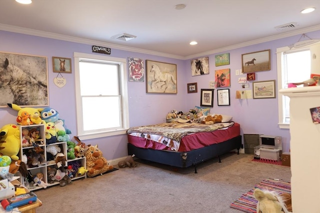 carpeted bedroom featuring ornamental molding