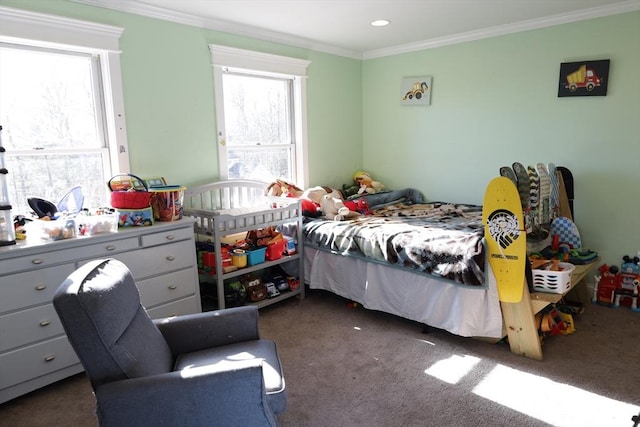 bedroom featuring ornamental molding and dark carpet