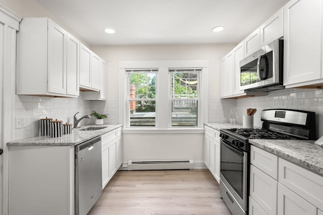 3 Regent Cir Unit 3, Boston, MA 02130 - kitchen with appliances with stainless steel finishes, a baseboard radiator, a sink, decorative backsplash, and recessed lighting