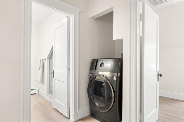 3 Regent Cir Unit 3, Boston, MA 02130 - laundry area with washer / dryer, a baseboard heating unit, light wood-type flooring, and baseboards