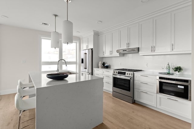 kitchen featuring hanging light fixtures, light wood-type flooring, an island with sink, premium appliances, and white cabinetry