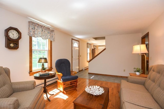 33 Rockmeadow Rd, Uxbridge, MA 01569 - living area with a baseboard radiator, light wood-type flooring, and stairs