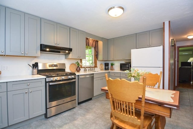 33 Rockmeadow Rd, Uxbridge, MA 01569 - kitchen with stainless steel appliances, under cabinet range hood, gray cabinetry, and a sink