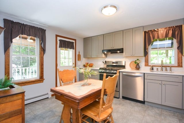 33 Rockmeadow Rd, Uxbridge, MA 01569 - kitchen with stainless steel appliances, under cabinet range hood, a sink, gray cabinets, and baseboard heating