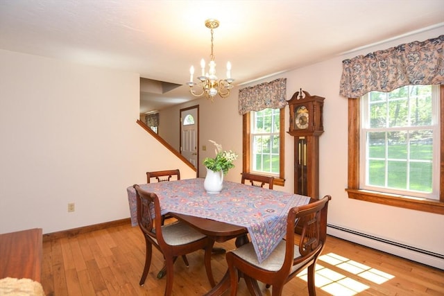 33 Rockmeadow Rd, Uxbridge, MA 01569 - dining space with a baseboard radiator, a chandelier, light wood-style flooring, and baseboards