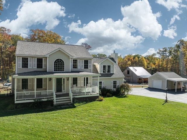 view of front of house with covered porch, a front lawn, a garage, and an outdoor structure