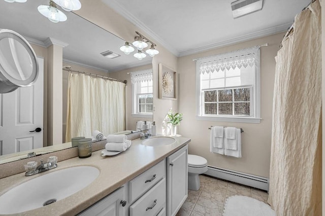 bathroom with toilet, tile patterned floors, a baseboard radiator, vanity, and crown molding