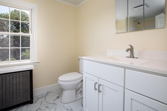 329 Read St, Somerset, MA 02726 - bathroom featuring radiator heating unit, vanity, crown molding, and marble finish flooring