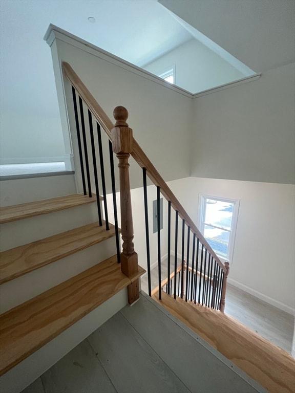 stairs featuring hardwood / wood-style flooring