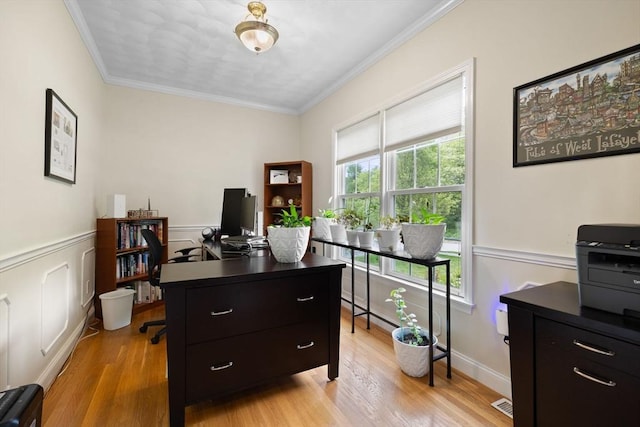 1 Eleanor Dr, Wilmington, MA 01887 - office area featuring crown molding, light wood-style floors, and wainscoting