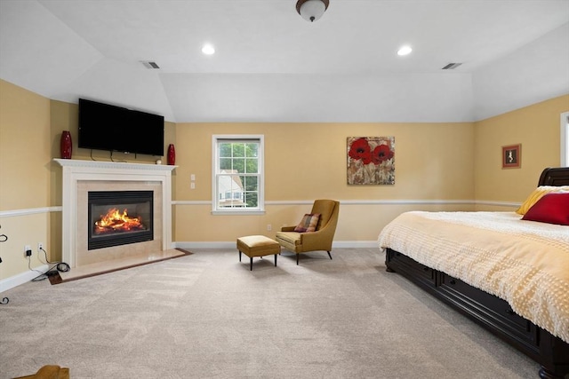 1 Eleanor Dr, Wilmington, MA 01887 - bedroom featuring vaulted ceiling, carpet, a fireplace with flush hearth, baseboards, and recessed lighting