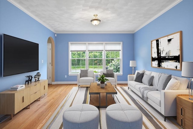 1 Eleanor Dr, Wilmington, MA 01887 - living area with light wood-style floors, baseboards, crown molding, and arched walkways