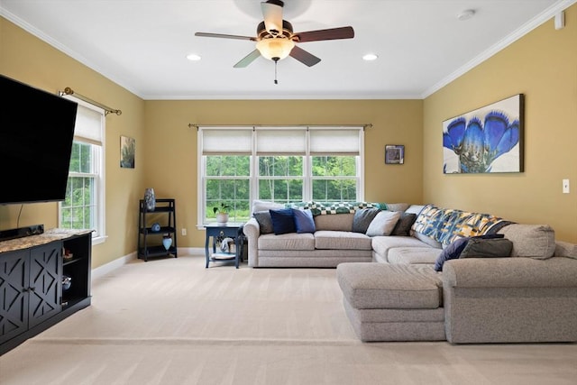 1 Eleanor Dr, Wilmington, MA 01887 - living room featuring ceiling fan, crown molding, baseboards, light carpet, and recessed lighting
