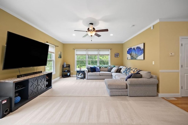 1 Eleanor Dr, Wilmington, MA 01887 - living room with a ceiling fan, ornamental molding, baseboards, and recessed lighting