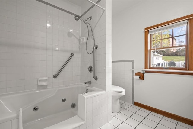 full bath featuring toilet, a combined bath / shower with jetted tub, and tile patterned floors
