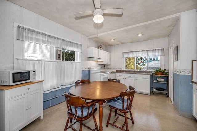 dining area featuring a baseboard heating unit and ceiling fan