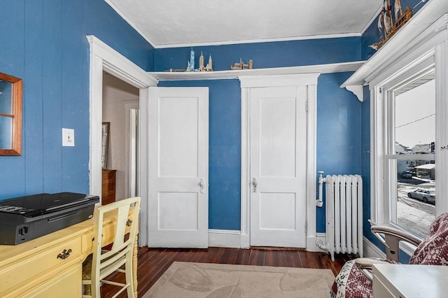 bedroom with dark wood-type flooring, radiator heating unit, and multiple windows