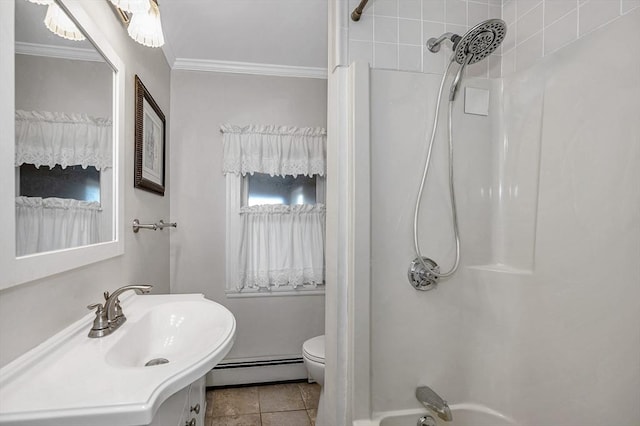 full bathroom with a baseboard radiator, crown molding, tile patterned flooring, toilet, and bathing tub / shower combination