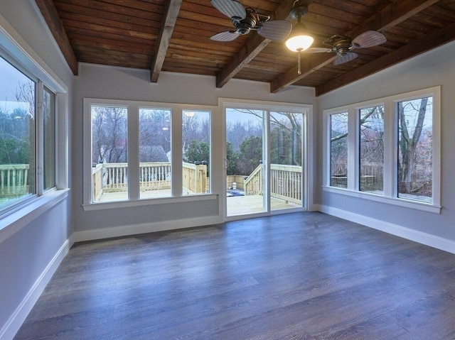 unfurnished sunroom with vaulted ceiling with beams, wooden ceiling, and ceiling fan