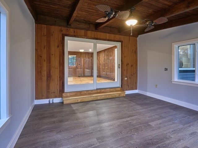 unfurnished room with beam ceiling, dark hardwood / wood-style floors, wooden ceiling, and wooden walls