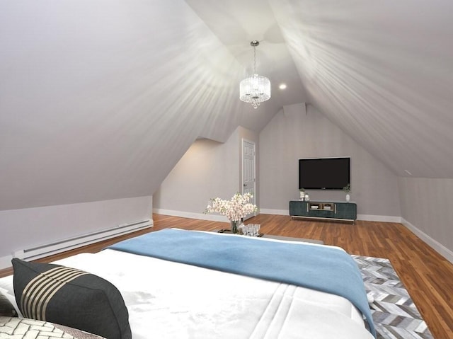 bedroom with vaulted ceiling, a baseboard radiator, an inviting chandelier, and hardwood / wood-style floors