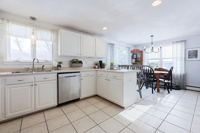 kitchen featuring sink, white cabinetry, hanging light fixtures, and stainless steel dishwasher