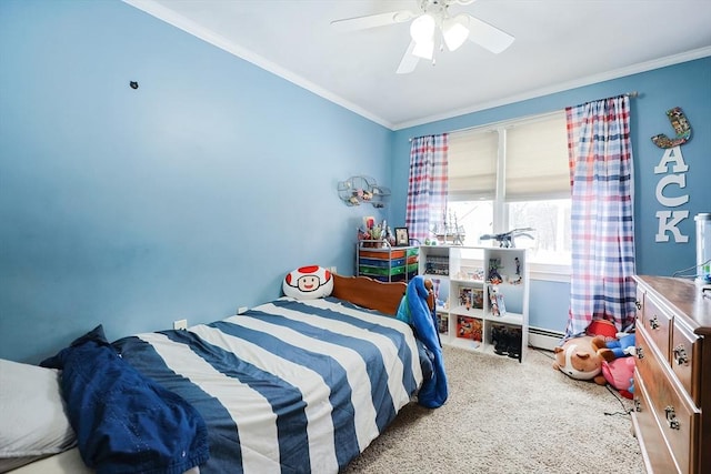 bedroom featuring ceiling fan, carpet, and crown molding