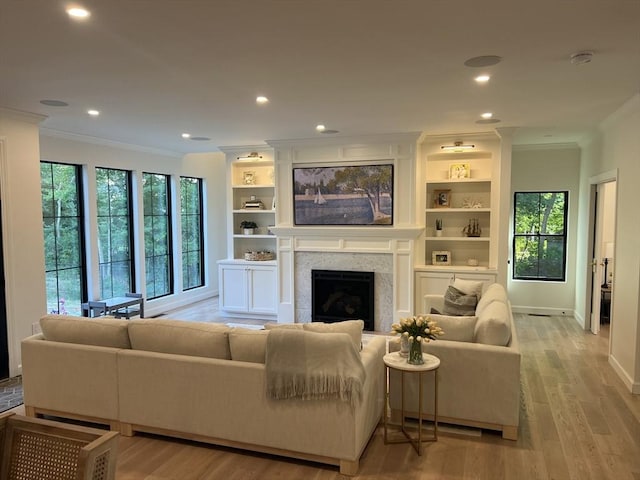 52 Round Farm Rd, Rehoboth, MA 02769 - living room with crown molding, light wood-style floors, baseboards, recessed lighting, and built in features