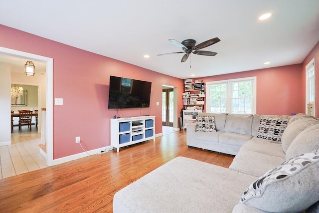 54 Mountain View Rd, Leominster, MA 01453 - living room featuring a chandelier, wood finished floors, recessed lighting, a ceiling fan, and baseboards
