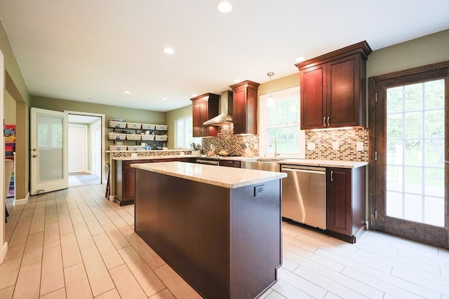 54 Mountain View Rd, Leominster, MA 01453 - kitchen featuring dishwasher, wall chimney exhaust hood, a sink, backsplash, and a kitchen island