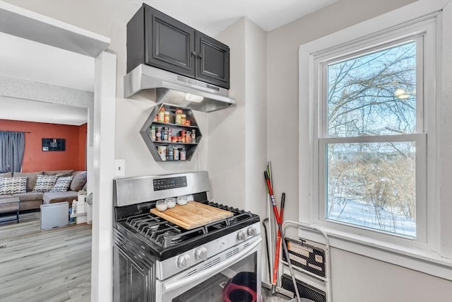 kitchen featuring stainless steel gas stove and light hardwood / wood-style floors